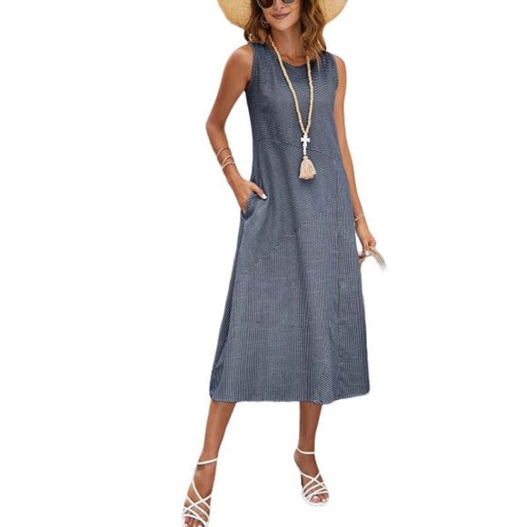 Floral Blooming Dresses & Skirts - Floral Blooming Navy & Blue Stripe Pocket Sleeveless Midi Dress Size S